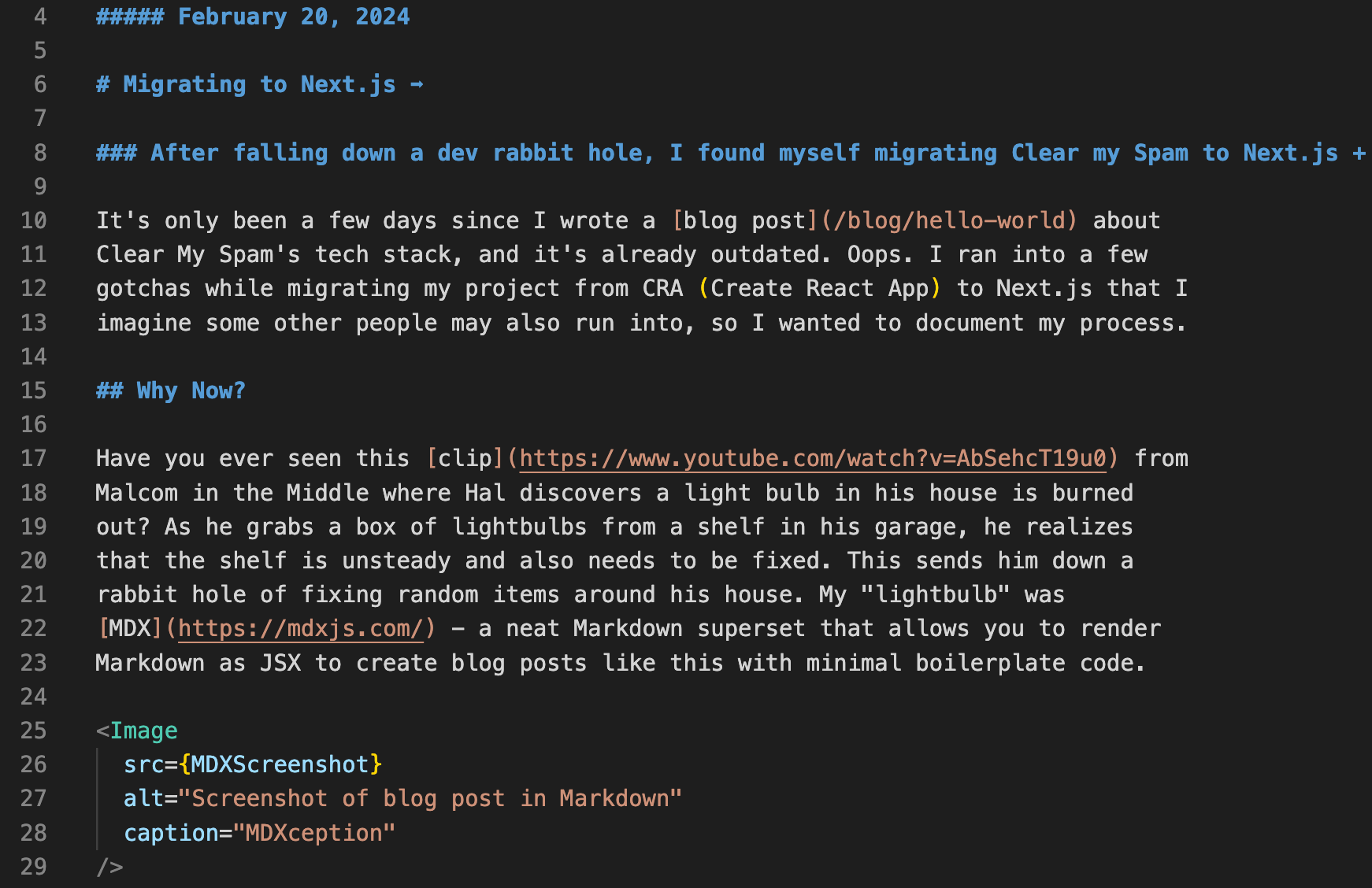 MDXception Screenshot of blog post in Markdown